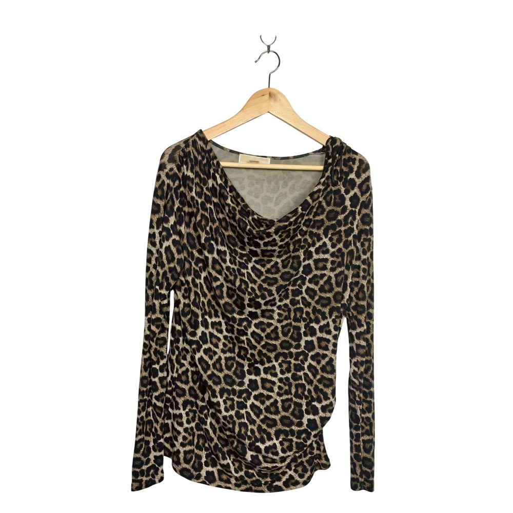 Michael Kors Leopard Print Cowl Neck Long Sleeve Top Brown Black XS